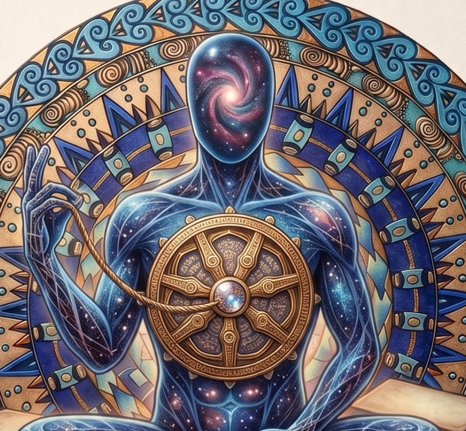 Detail of the cover art: the figure's hands and the wheel at its chest.